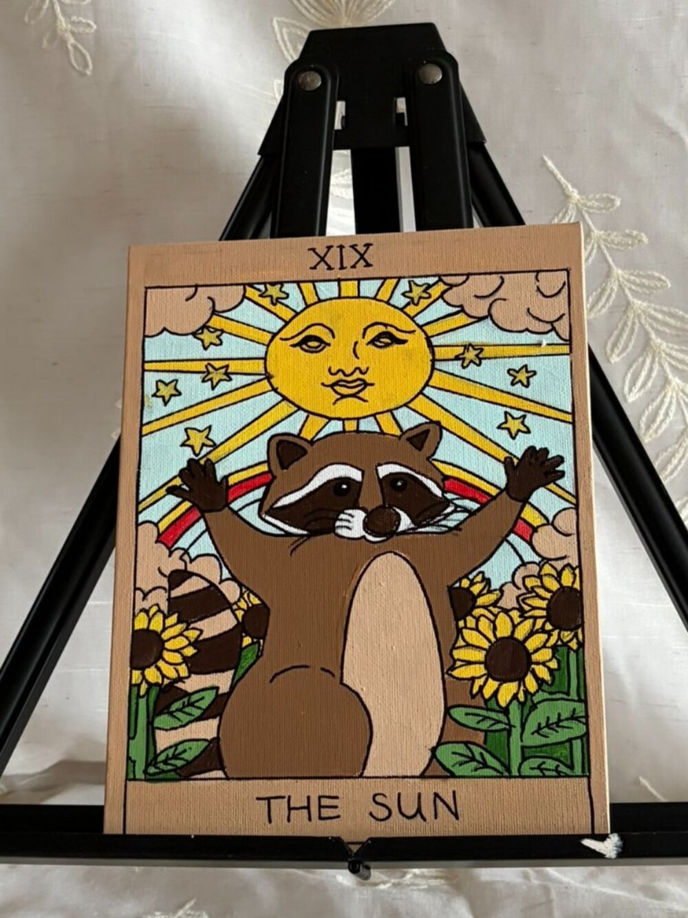 Hand Painted Raccoon The Sun Tarot Card Canvas 7x9